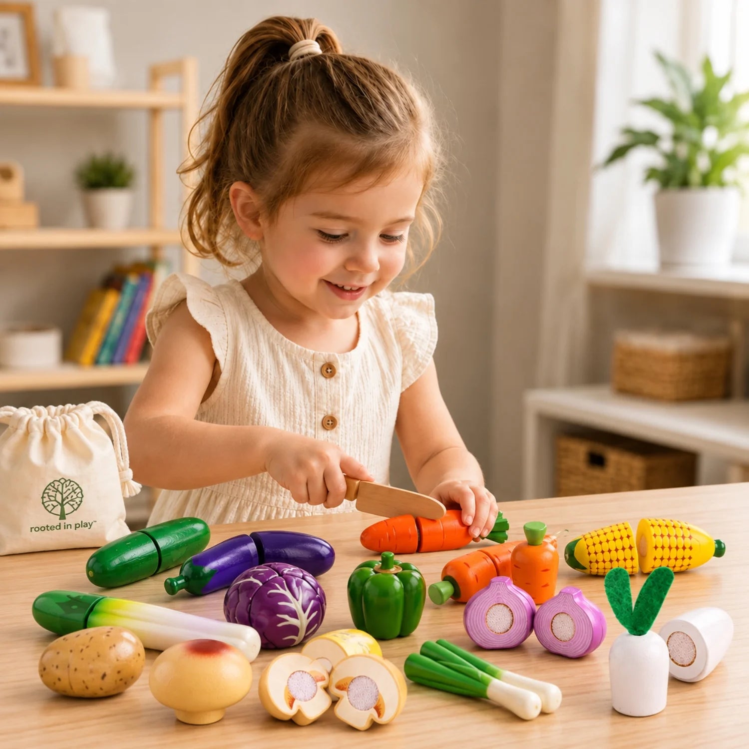 Wooden Fruit and Veggie Play Food Set for kids, featuring colorful, realistic pieces ideal for imaginative kitchen play and Montessori learning. 0